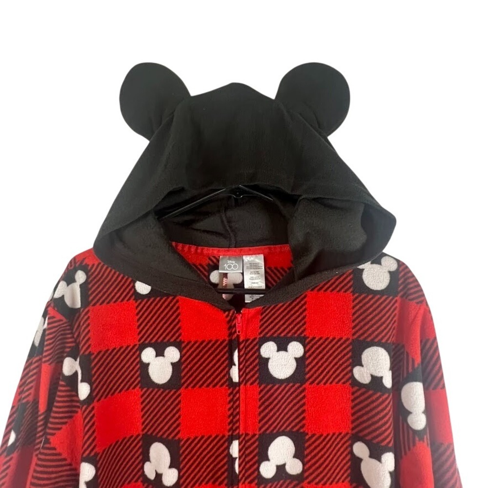 Disney 100 Mickey Mouse Union‎ Suit Pajamas Womens L Buffalo Plaid Hooded Ears - Picture 5 of 7